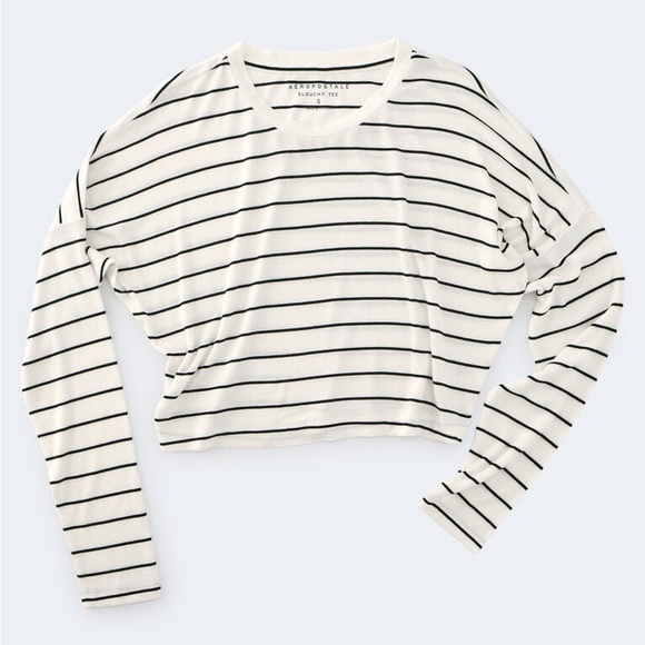 Long Sleeve Striped Cropped Dolman Slouchy Tee - Picture 1 of 7